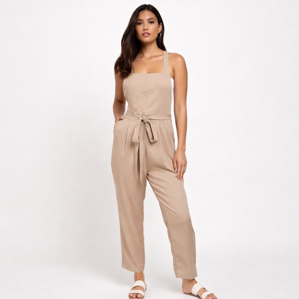 NWT Lulus Poised Simplicity Light Brown Overall Slim Leg Jumpsuit Size Large
